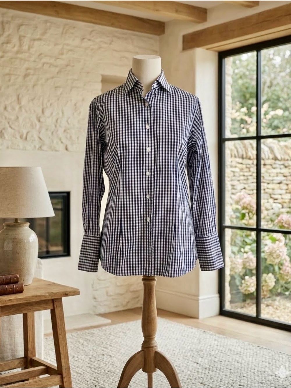 Expertly Hand Tailored Blue and White Gingham Button-Up Shirt